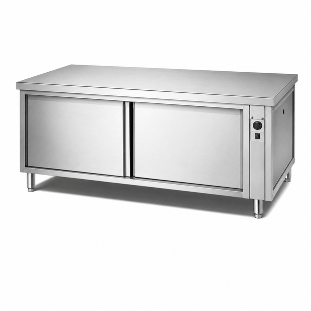 Commercial stainless steel heated plate counter cabinet for warming plates bowls and tableware in hotel kitchens