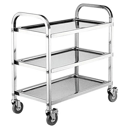 Stainless steel commercial utility cart with three shelves and casters for kitchen use