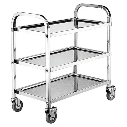 Stainless steel commercial utility cart with three shelves and casters for kitchen use