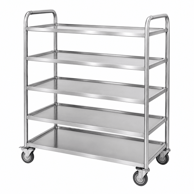 Commercial 5-tier stainless steel banquet trolley with recessed shelves for hotel banquet service