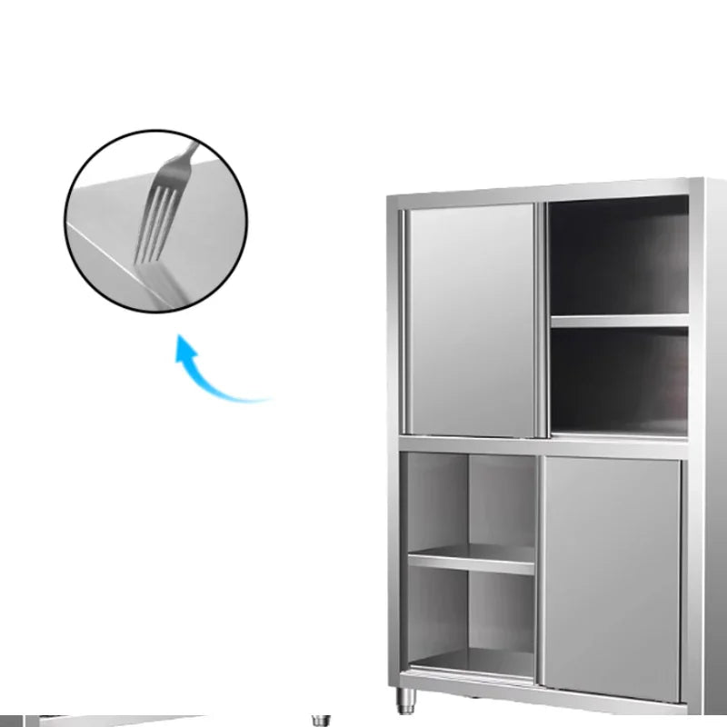 Stainless steel commercial kitchen cabinet with sliding doors and shelves, showcasing durable surface
