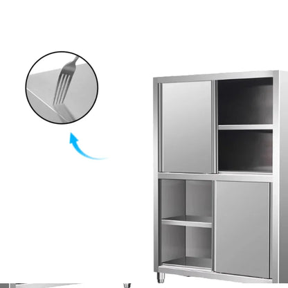 Stainless steel commercial kitchen cabinet with sliding doors and shelves, showcasing durable surface