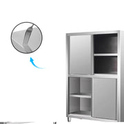 Stainless steel commercial kitchen cabinet with sliding doors and shelves, showcasing durable surface