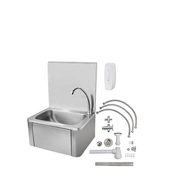 Wall-mounted stainless steel hand basin shown with plumbing and valve components