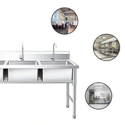 Stainless steel commercial kitchen sink with dual basins and faucets, ideal for restaurant and industrial use.