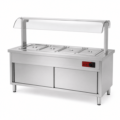 Commercial hot food display bain-marie with raised glass guard and custom pan layout