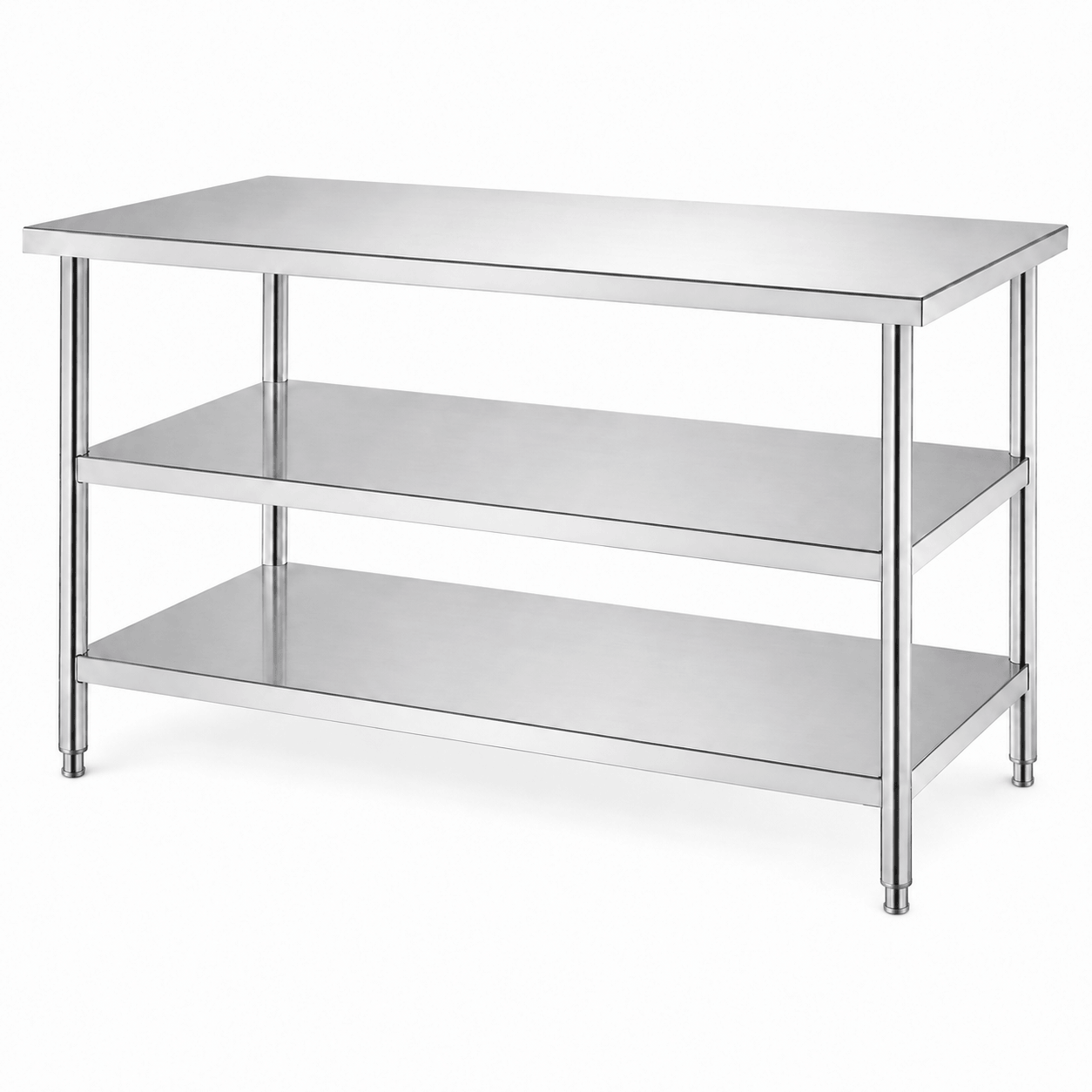 Stainless steel three-tier worktable with backsplash for commercial kitchen storage