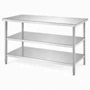 Stainless steel three-tier worktable with backsplash for commercial kitchen storage