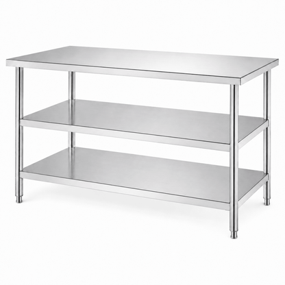 Stainless steel three-tier worktable with backsplash for commercial kitchen storage