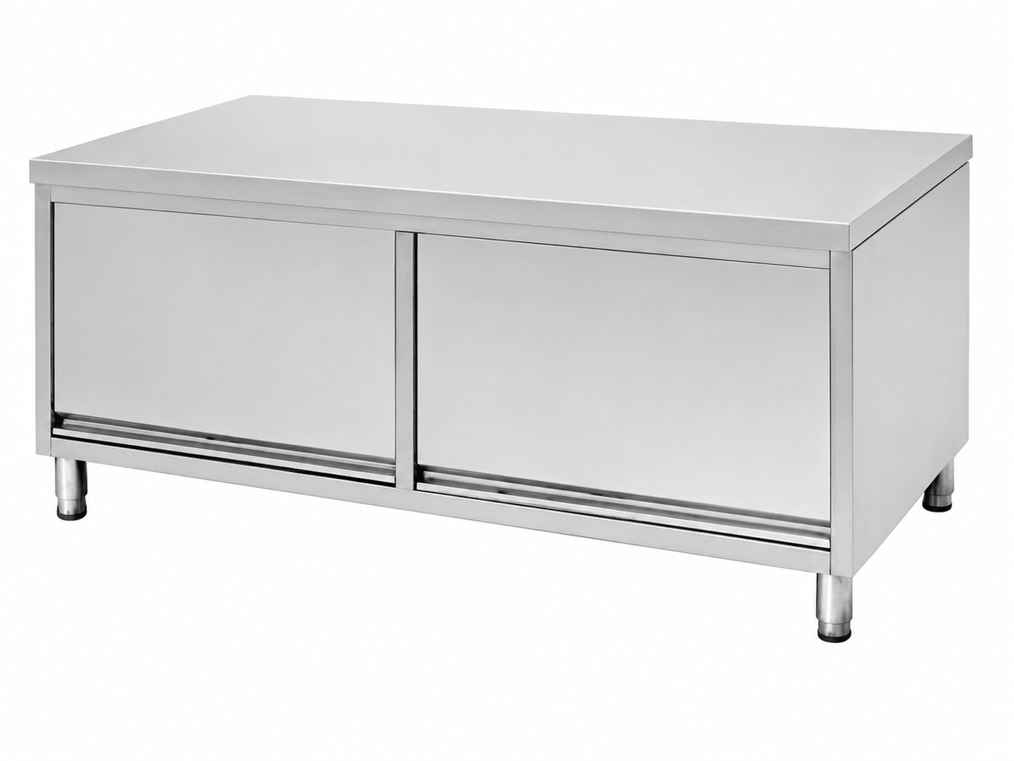 Stainless steel worktable cabinet with sliding doors, internal shelf and adjustable bullet feet