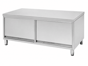 Stainless steel worktable cabinet with sliding doors, internal shelf and adjustable bullet feet