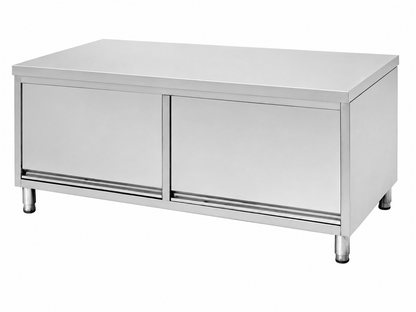 Stainless steel worktable cabinet with sliding doors, internal shelf and adjustable bullet feet
