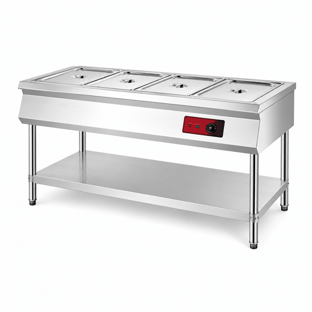 Commercial open base electric bain-marie table with stainless steel undershelf for hot food serving