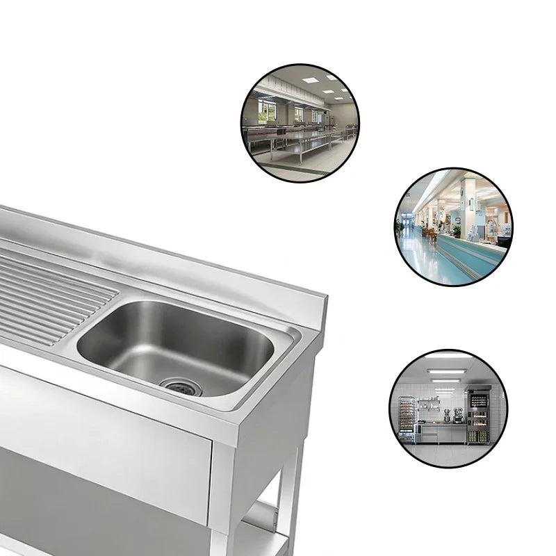 Stainless steel commercial sink with drainboard for industrial kitchens