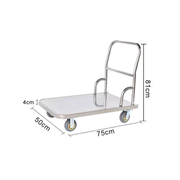 Welded platform cart with tubular upright handle and four castors