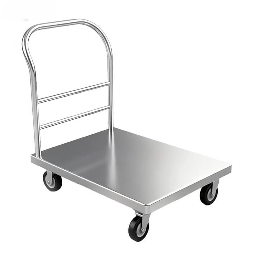 Custom stainless steel flatbed trolley with silent castors and reinforced underside support for B2B buyers