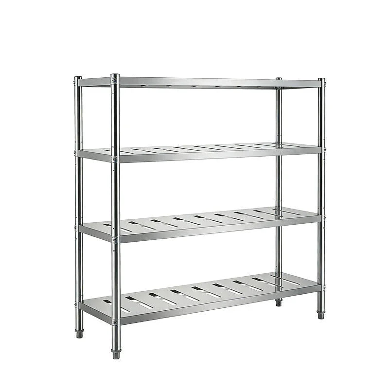 Stainless steel commercial shelving unit for kitchen storage, durable and space-saving design
