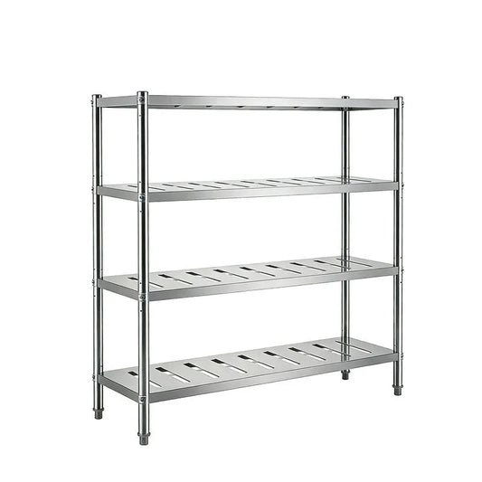 Stainless steel commercial shelving unit for kitchen storage, durable and space-saving design