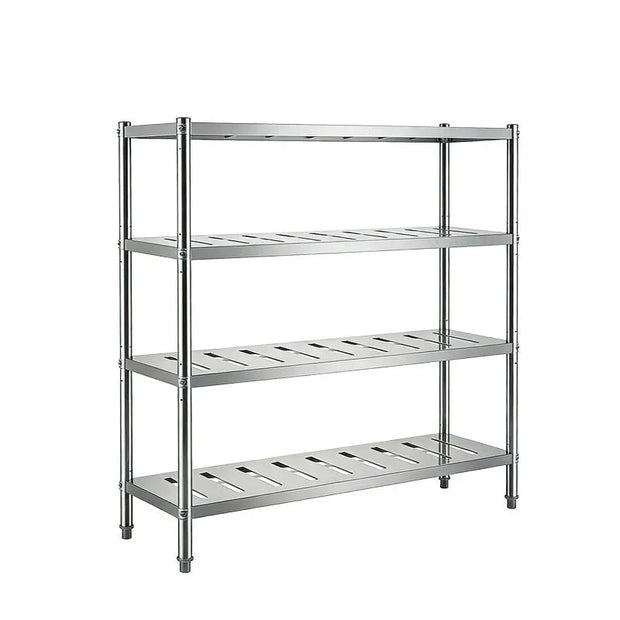 Stainless steel commercial shelving unit for kitchen storage, durable and space-saving design