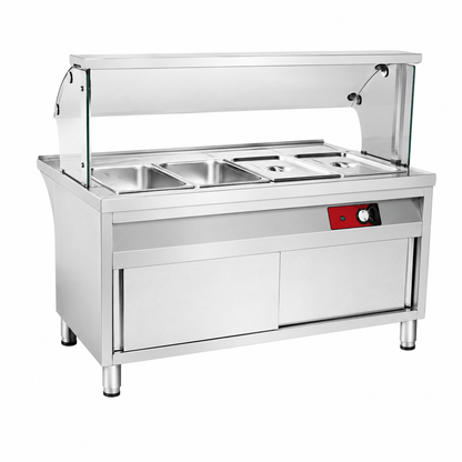Stainless steel electric bain-marie cabinet with enclosed glass display for buffet service