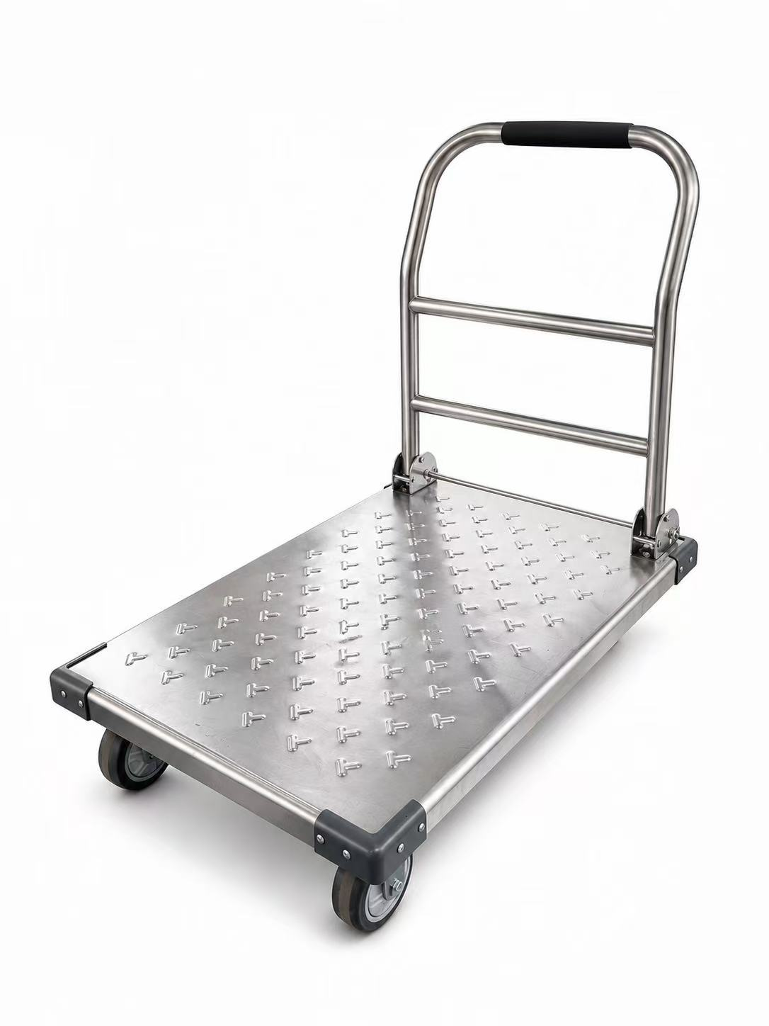 Stainless steel platform truck with foldable handle and safety rounded corners for restaurant and warehouse use