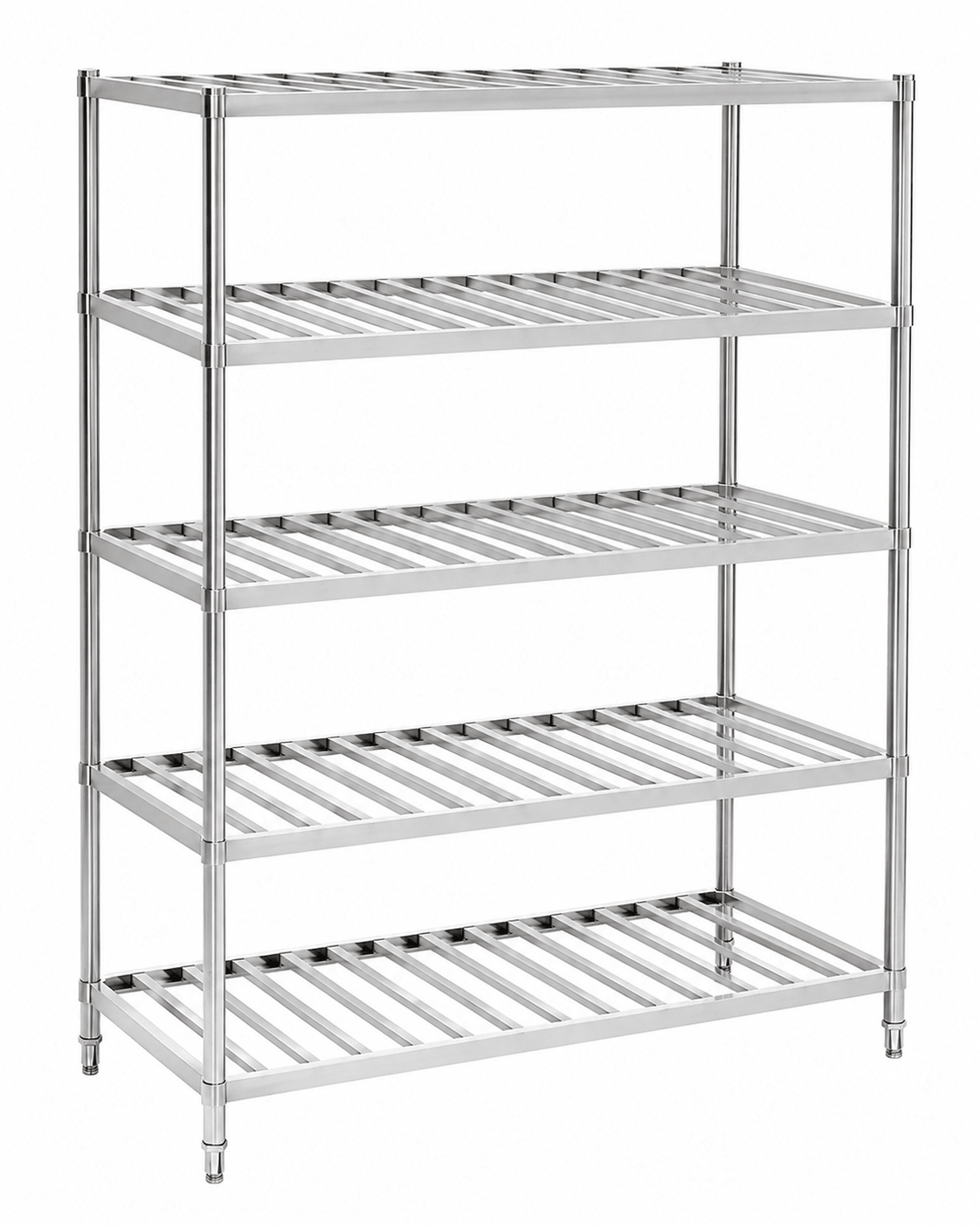 Custom stainless steel open tube shelving rack with square or round posts
Slatted stainless steel storage rack for trays, baskets, containers and cookware