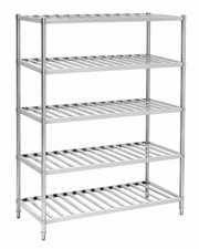 Custom stainless steel open tube shelving rack with square or round posts
Slatted stainless steel storage rack for trays, baskets, containers and cookware