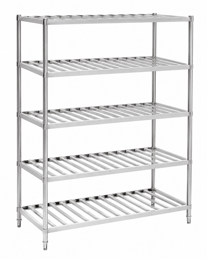 Custom stainless steel open tube shelving rack with square or round posts
Slatted stainless steel storage rack for trays, baskets, containers and cookware