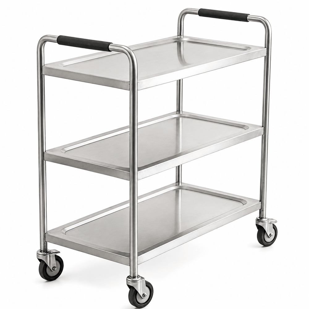 KD 3-tier stainless steel dining trolley with formed shelves and swivel castors for commercial kitchen service