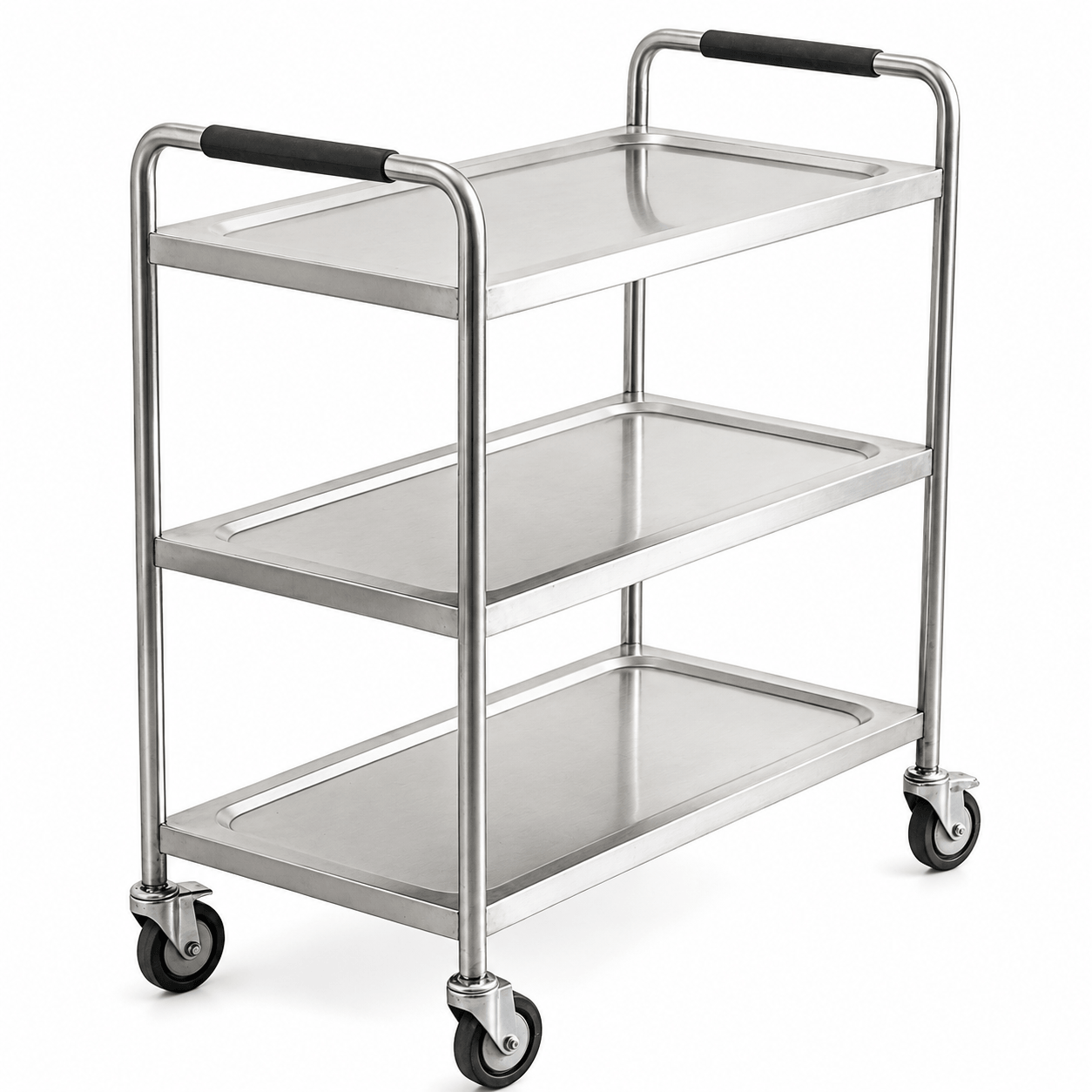 KD 3-tier stainless steel dining trolley with formed shelves and swivel castors for commercial kitchen service