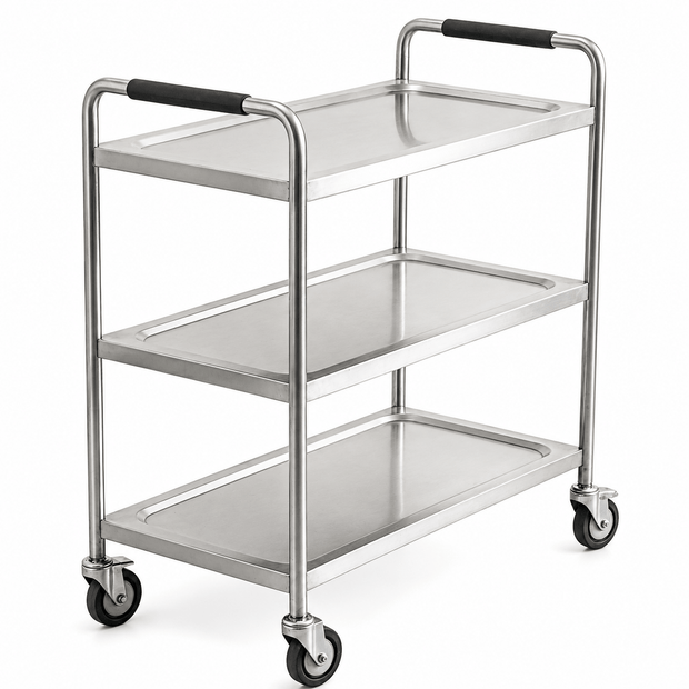 KD 3-tier stainless steel dining trolley with formed shelves and swivel castors for commercial kitchen service