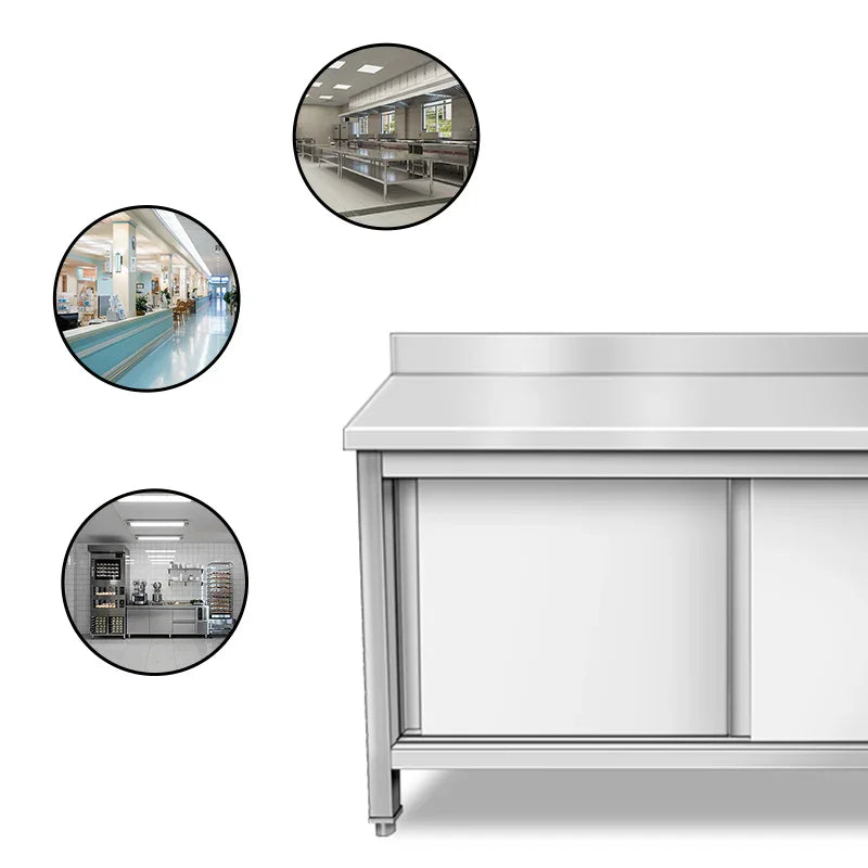 Stainless steel commercial kitchen worktable with storage, ideal for industrial food prep and restaurant use.