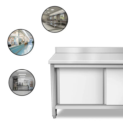Stainless steel commercial kitchen worktable with storage, ideal for industrial food prep and restaurant use.