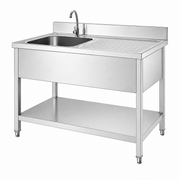 Stainless steel sink table with rear backsplash and lower enclosure panels