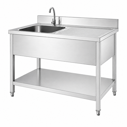 Stainless steel sink table with rear backsplash and lower enclosure panels