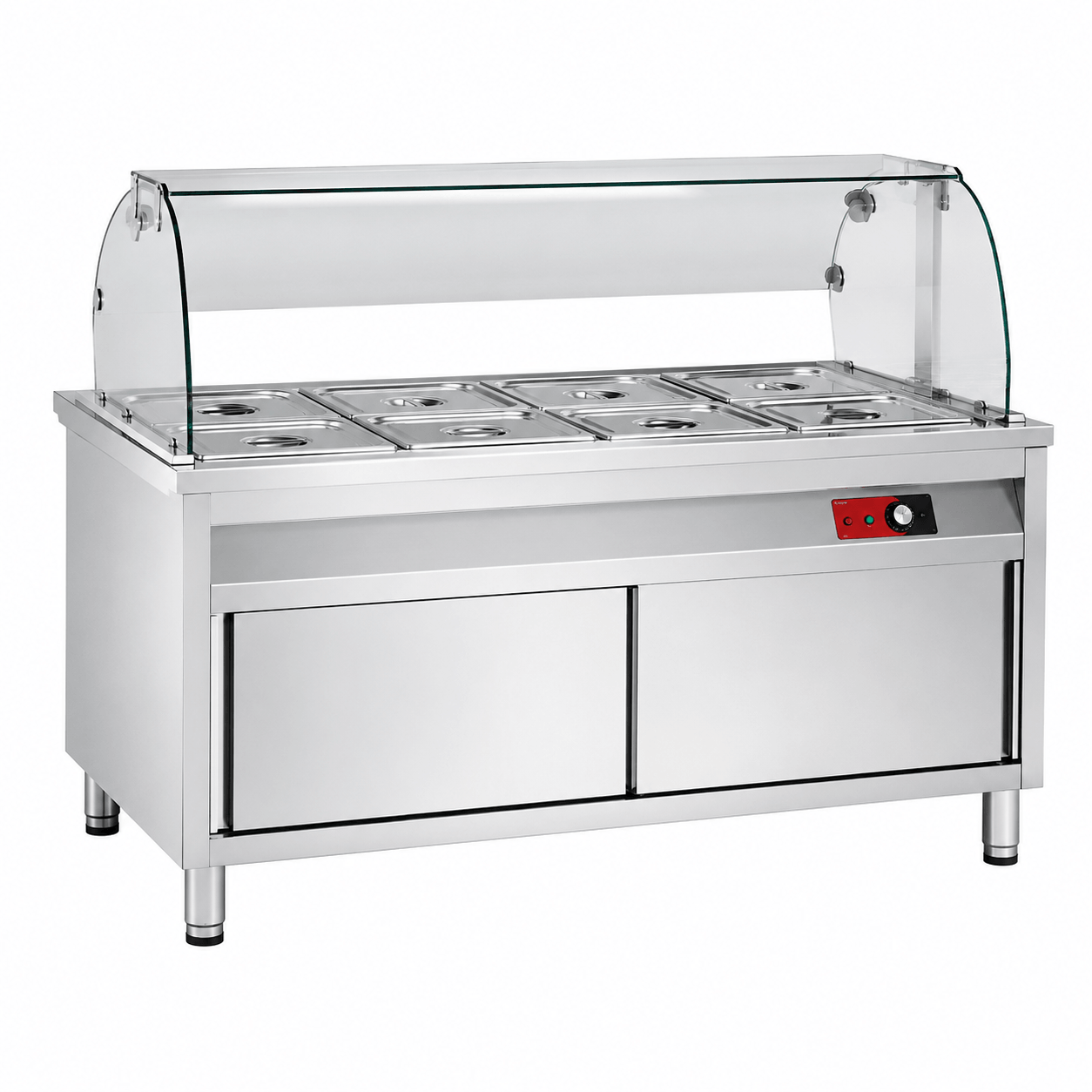 Commercial stainless steel bain-marie cabinet with tray slide and tempered glass sneeze guard