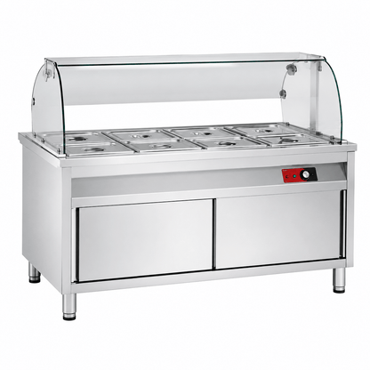 Commercial stainless steel bain-marie cabinet with tray slide and tempered glass sneeze guard