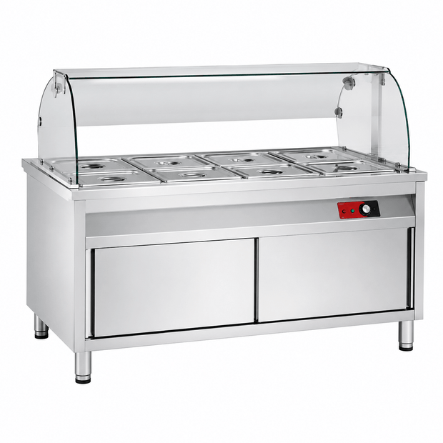 Commercial stainless steel bain-marie cabinet with tray slide and tempered glass sneeze guard