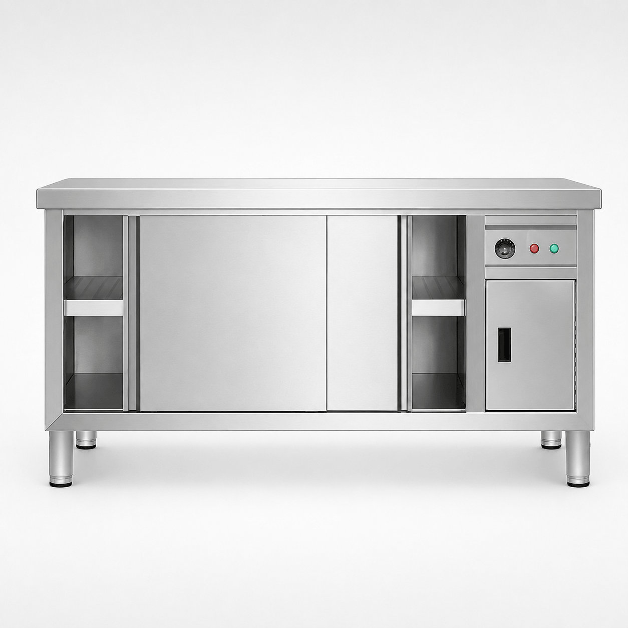 Floor-standing heated plate cabinet with sliding doors and warm air circulation for commercial kitchens