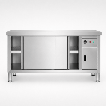 Floor-standing heated plate cabinet with sliding doors and warm air circulation for commercial kitchens
