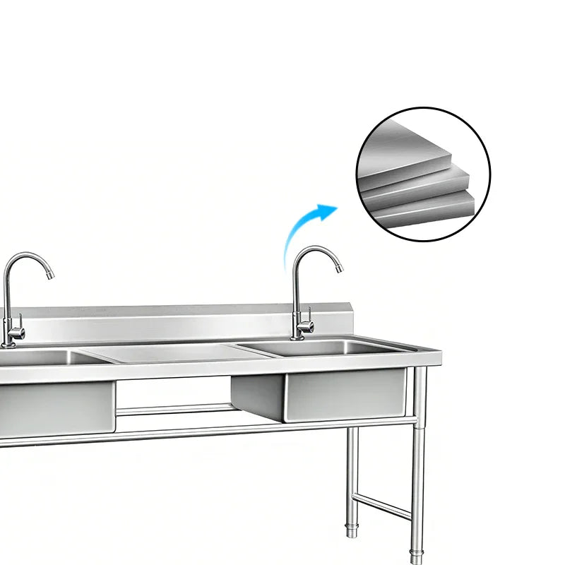 Stainless steel commercial kitchen sink with dual faucets and durable layered construction