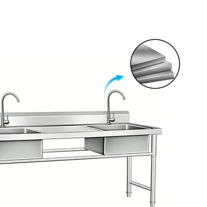 Stainless steel commercial kitchen sink with dual faucets and durable layered construction
