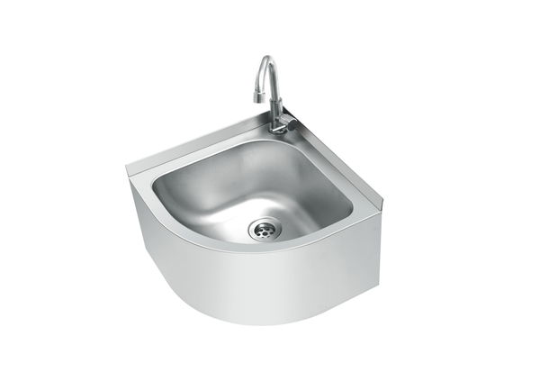 Commercial stainless steel corner wall-mounted sink with triangular back and rounded front for space-saving hand washing