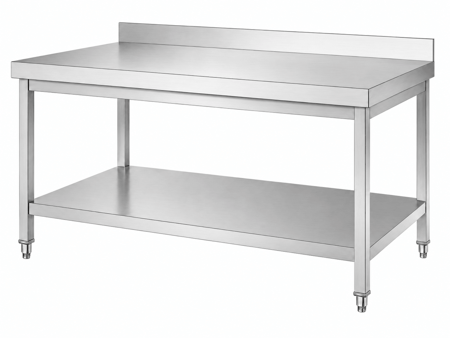Stainless steel 2-tier worktable with square legs and rear backsplash
