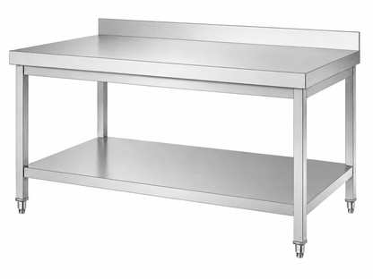 Stainless steel 2-tier worktable with square legs and rear backsplash
