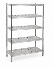 Four-tier perforated stainless steel shelf with adjustable bullet feet for commercial kitchens