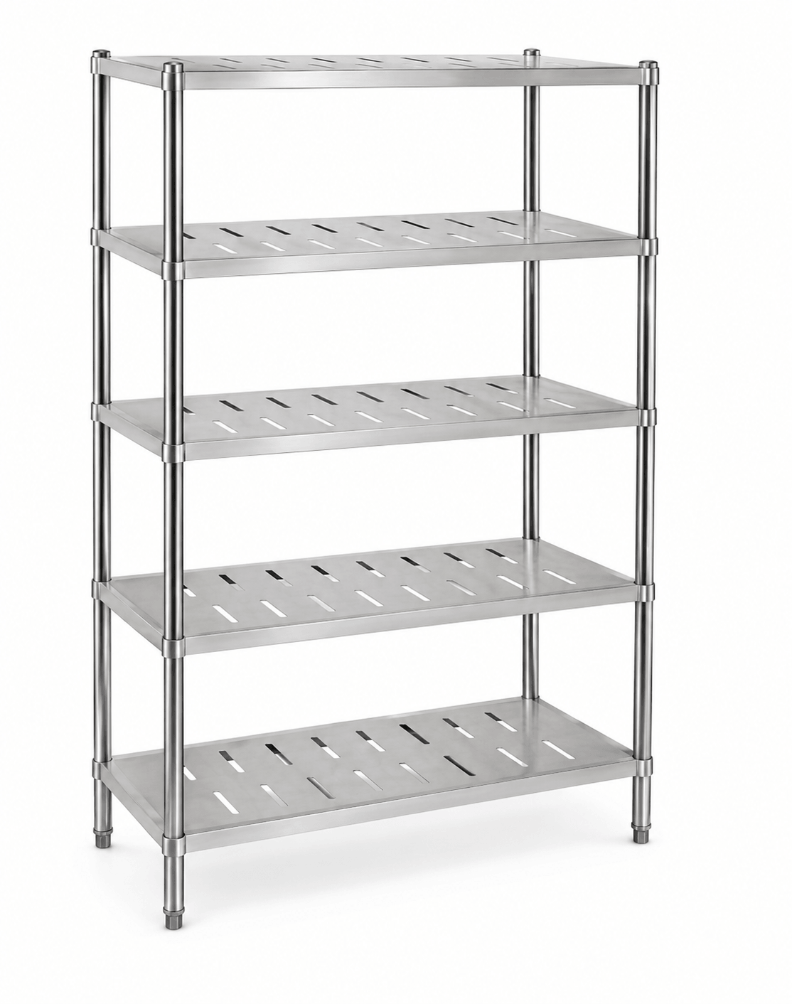 Four-tier perforated stainless steel shelf with adjustable bullet feet for commercial kitchens