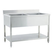 Stainless steel commercial sink with double basin and lower shelf for kitchen use