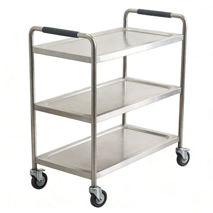 Stainless steel commercial kitchen cart with three shelves and wheels for easy mobility