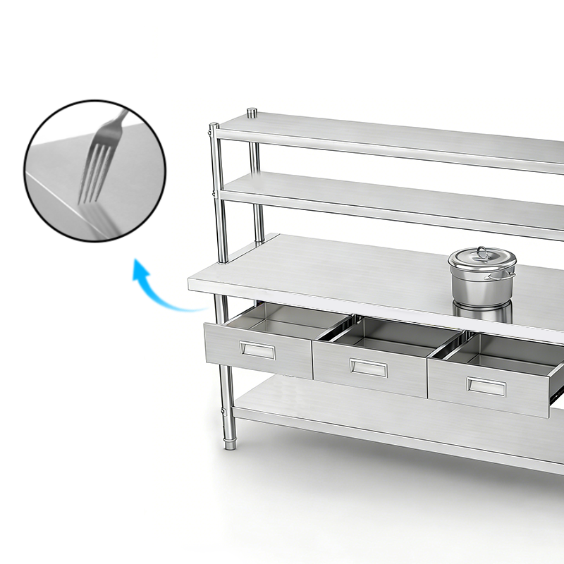 Custom Stainless Steel Worktable Station | 3 Drawers & Multi-Tier Over-shelf | Full Knock-Down Design